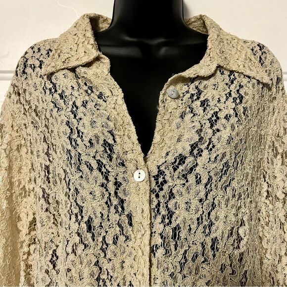 VTG 90s Cream Lace Collar Shell Button Down Tunic Shirt Shacket Split Hem Top L - Picture 6 of 16
